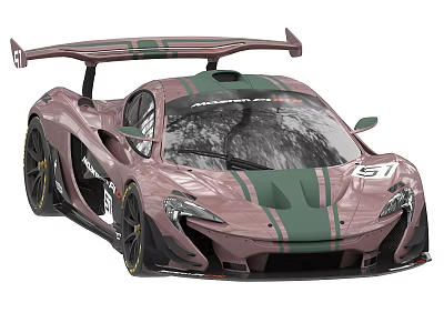 Pink Sports Car Featuring Green Stripes Aerodynamic Rear Wing And Sleek Racing Design 3d model