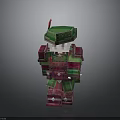 Pixel Art Armored Man Wearing Green Helmet And Red Armor Against Gray Background