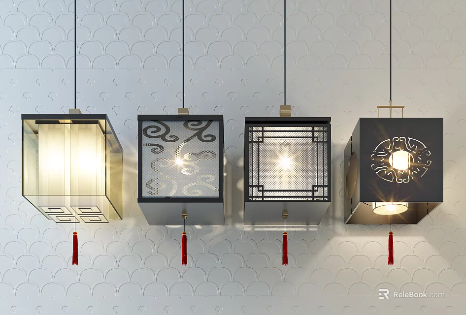 Chinese Style Square Pendant Lights With Carved Patterns And Red Tassels 3d model 