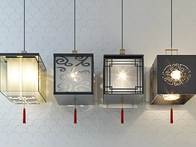 Chinese Style Square Pendant Lights With Carved Patterns And Red Tassels 3d model