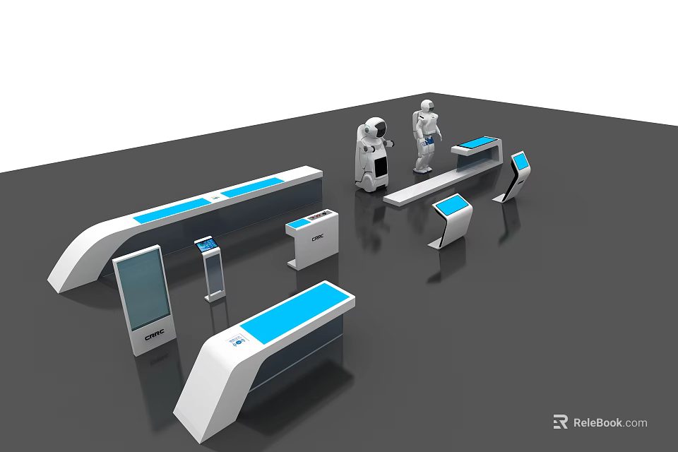 Modern Public Facilities With Self Service Kiosks Information Desks And Blue Accents 3d model 