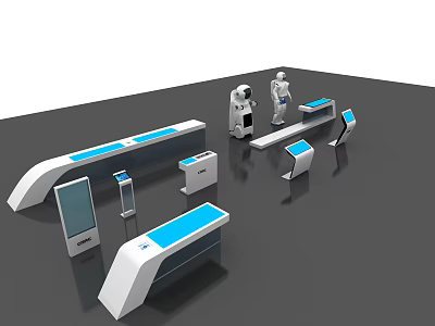 Modern Public Facilities With Self Service Kiosks Information Desks And Blue Accents 3d model