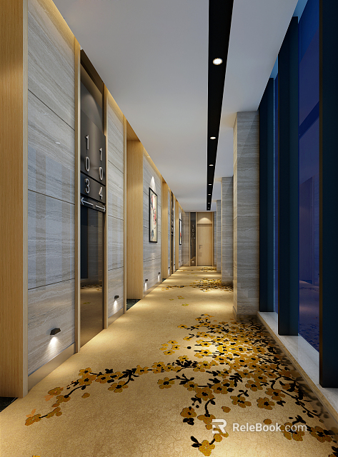 Hotel Corridor Interior Design With Wooden Gray Stone Walls Yellow Leaf Pattern Carpet And Artwork 3d model 