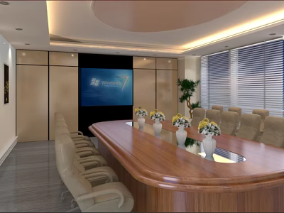 Modern Conference Room With Wooden Table Leather Chairs Vases And Large Screen 3d model