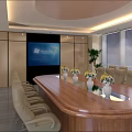 Modern Conference Room With Wooden Table Leather Chairs Vases And Large Screen