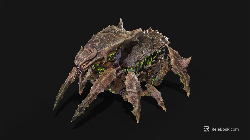 Mythical Monster 3D Model With Spiky Exoskeleton And Green Glowing Details 3d model 