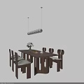 Modern Wooden Dining Table Set With Six Stylish Chairs Flower Vase Fruits And Hanging Light