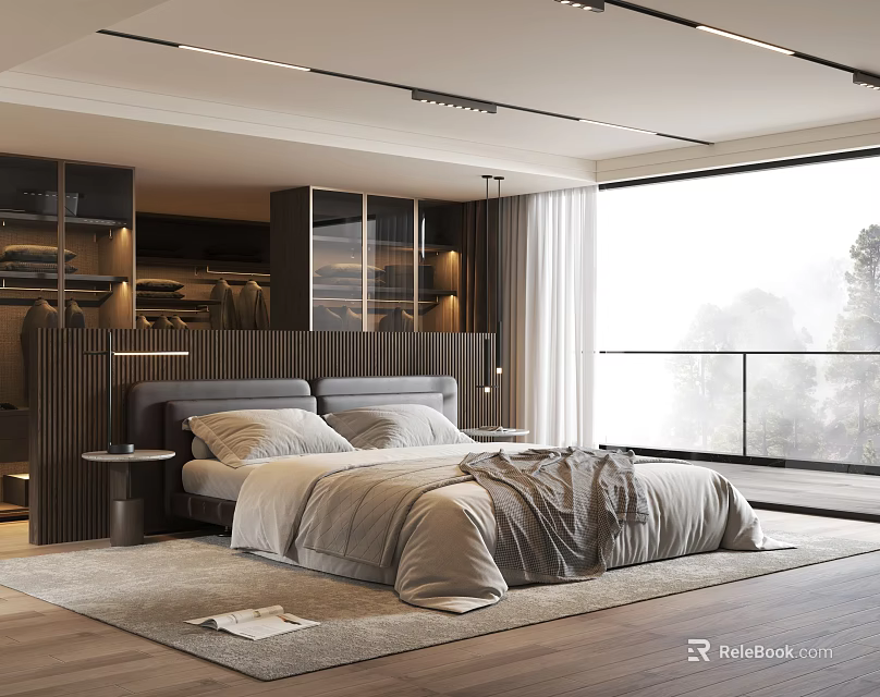 Modern Bedroom Interior With Upholstered Headboard King Bed Floor to Ceiling Windows And Scenic View 3d model 