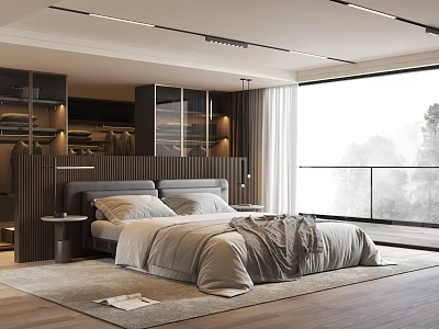 Modern Bedroom Interior With Upholstered Headboard King Bed Floor to Ceiling Windows And Scenic View 3d model