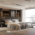 Modern Bedroom Interior With Upholstered Headboard King Bed Floor to Ceiling Windows And Scenic View