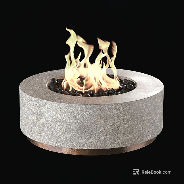 Round Gray Stone Fire Pit With Copper Base Black Pebbles And Burning Flames 3d model