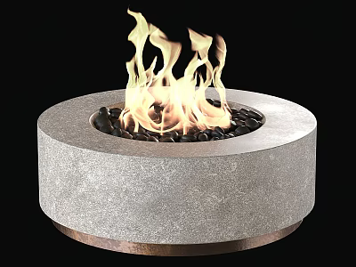 Round Gray Stone Fire Pit With Copper Base Black Pebbles And Burning Flames 3d model