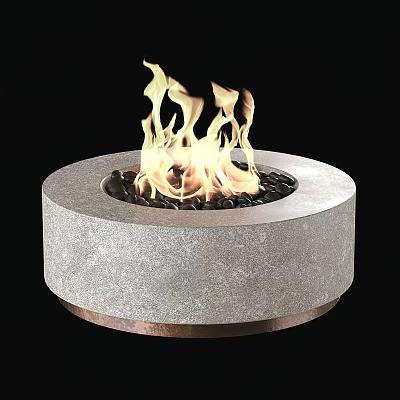 Round Gray Stone Fire Pit With Copper Base Black Pebbles And Burning Flames 3d model
