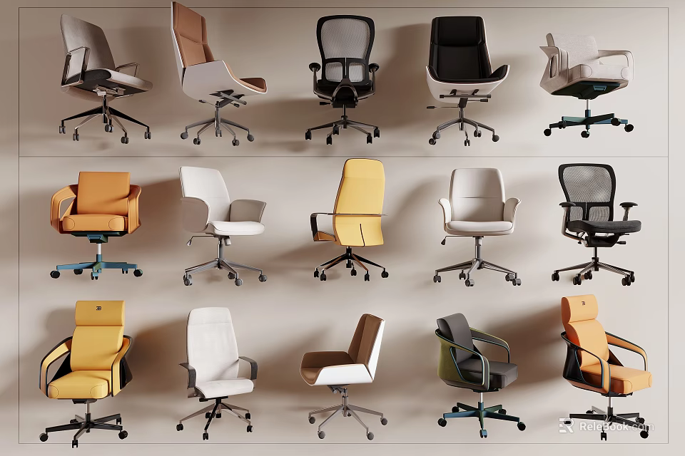 Various Styles Of Modern Office Chairs With Different Colors And Ergonomic Design 3d model 