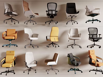 Various Styles Of Modern Office Chairs With Different Colors And Ergonomic Design 3d model