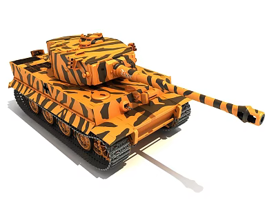 Orange and Black Striped Camouflage Military Tank with Detailed Exterior and Cannon 3d model