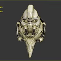 Intricate Biomechanical Head Sculpture With White And Black Detailing And Sharp Beak Design