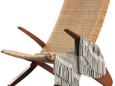 Rattan Leisure Chair with Wooden Frame Armrests Draped Gray Tassel Blanket 3d model