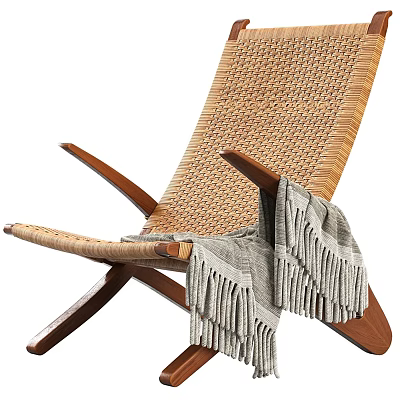 Rattan Leisure Chair with Wooden Frame Armrests Draped Gray Tassel Blanket 3d model