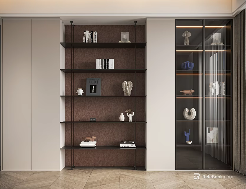 Modern Bookcase Design With Open Shelves Glass Doors Decorative Items And Books 3d model 