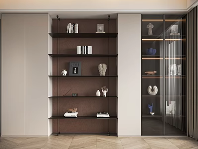 Modern Bookcase Design With Open Shelves Glass Doors Decorative Items And Books 3d model