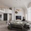 Modern Loft Living Room Interior With Curved Sofa And Circular Lights