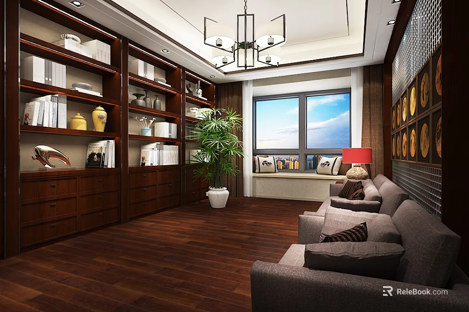 Cozy Modern Lounge Area With Wooden Bookshelves Gray Sofas And Green Plant 3d model 