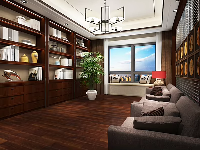 Cozy Modern Lounge Area With Wooden Bookshelves Gray Sofas And Green Plant 3d model