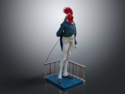 Game Movie Character Rooster Head Blue Coat White Pants Whip Standing On Platform With Railings 3d model