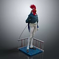 Game Movie Character Rooster Head Blue Coat White Pants Whip Standing On Platform With Railings