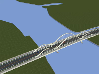 Modern Arch Bridge Spanning Blue River With Green Landscape And Vehicles On Road 3d model