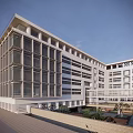 Modern Multi Story Office Buildings With White Facade Glass Windows And Urban Greenery