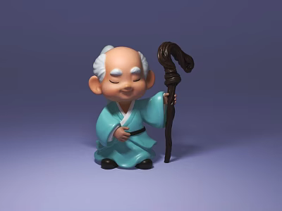 Elderly Man With White Hair Smiling Holding Cane In Light Blue Robe Against Purple Background 3d model