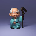 Elderly Man With White Hair Smiling Holding Cane In Light Blue Robe Against Purple Background