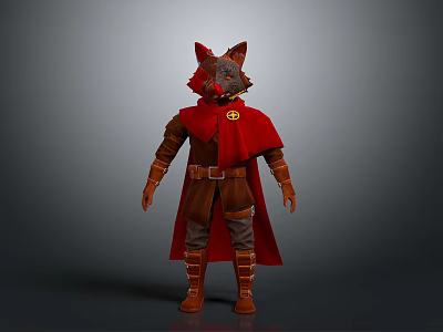 Man Wearing Brown Outfit And Red Cape With Yellow Cross Symbol Fox Head Brown Boots 3d model