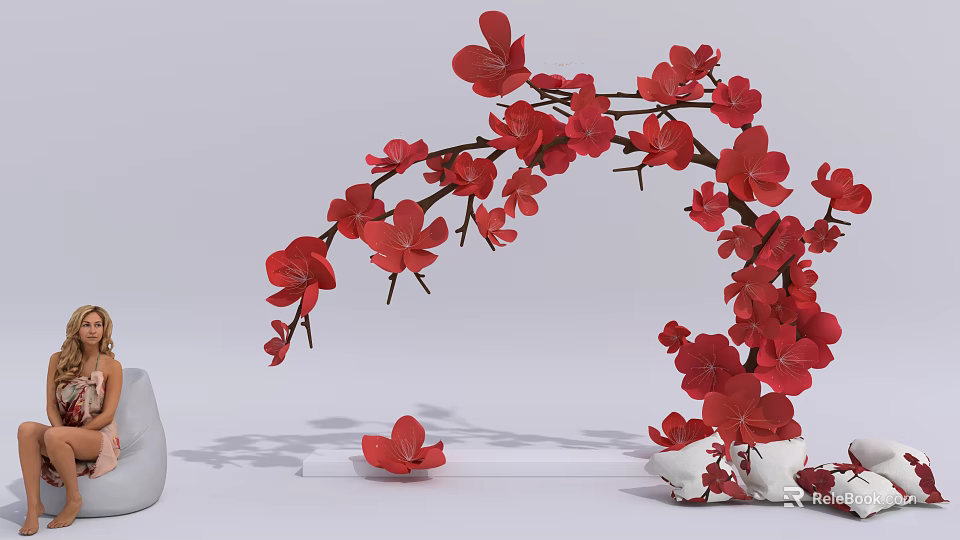 Red Plum Blossom Photo Spot With Decorative Branches And White Base 3d model 