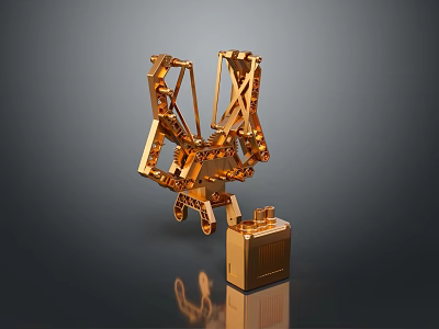 Shiny Golden Mechanical Robot Character With Insect Inspired Design And Square Base 3d model
