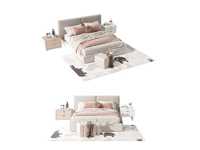 Cute Children's Bed Interior Design With Pink Bedding Bedside Tables And Animal Print Rug 3d model