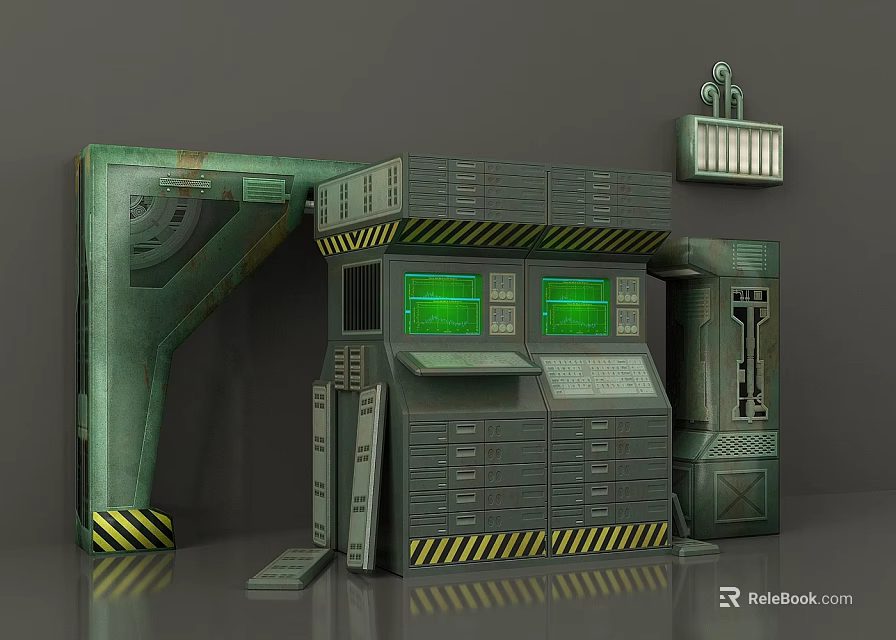 Industrial Weapon Control Console With Green Screens Metal Panels And Warning Stripes 3d model 