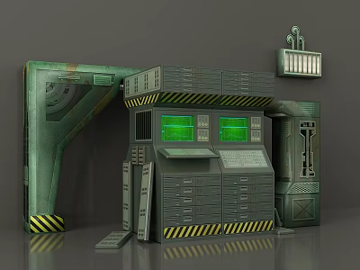 Industrial Weapon Control Console With Green Screens Metal Panels And Warning Stripes 3d model