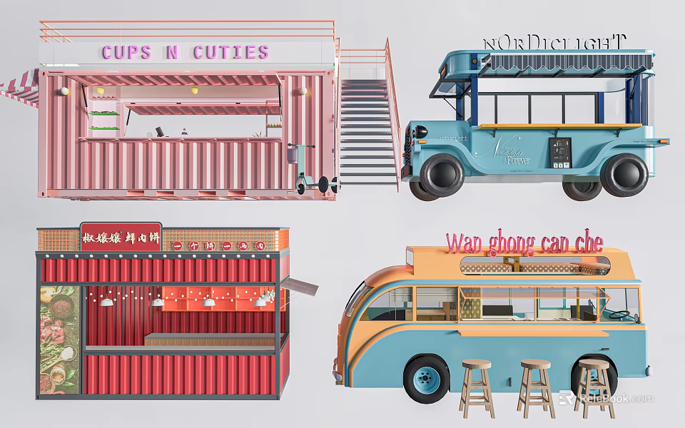 Colorful Container And Bus Style Food Trucks With Service Counters And Stools 3d model 