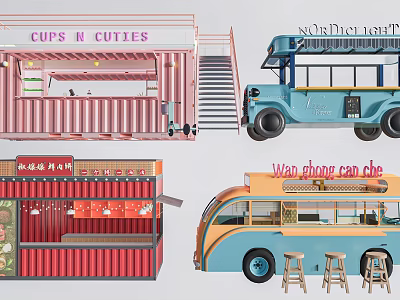 Colorful Container And Bus Style Food Trucks With Service Counters And Stools 3d model