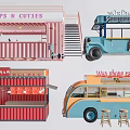 Colorful Container And Bus Style Food Trucks With Service Counters And Stools