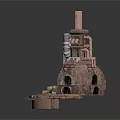 Brick Built Small Building Model With Copper Chimney Arched Openings And Stone Base 3d model