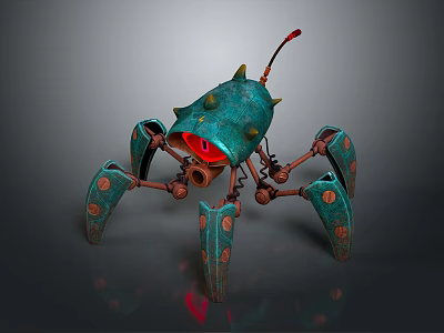 Teal Mechanical Creature With Spikes Red Glowing Core And Metal Legs Adorned With Circular Decorations 3d model