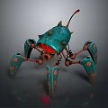 Teal Mechanical Creature With Spikes Red Glowing Core And Metal Legs Adorned With Circular Decorations