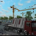 Red Flatbed Truck Transporting Cargo On Road With Construction Cranes And Trees 3d model