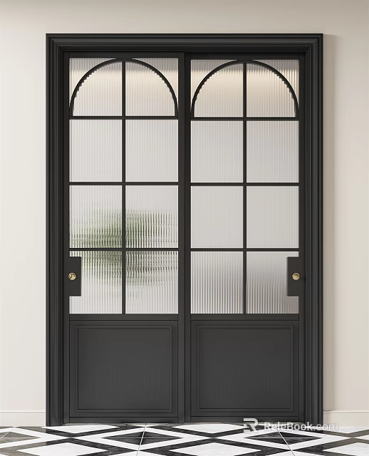 Black Framed Glass Doors With Arched Top Frosted Glass And Gold Handles 3d model 