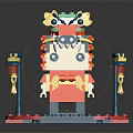 Traditional Themed Building Blocks Model With Decorative Lanterns Red Blue Details And Stable Base