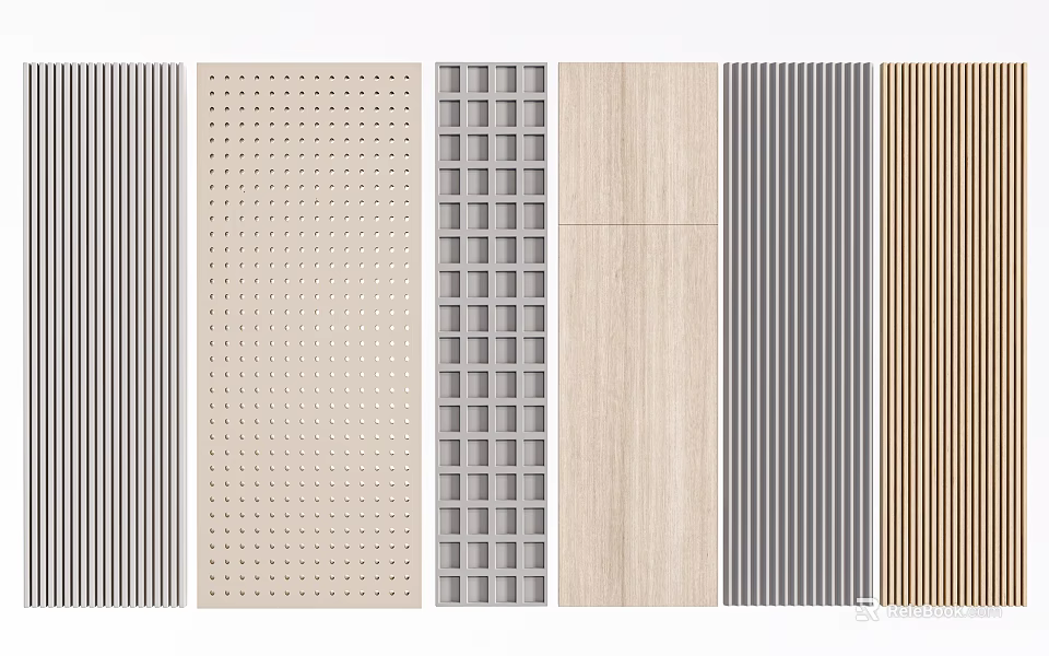 Various Textured Wall Panels With Striped Perforated Grid And Wood Grain Designs 3d model 